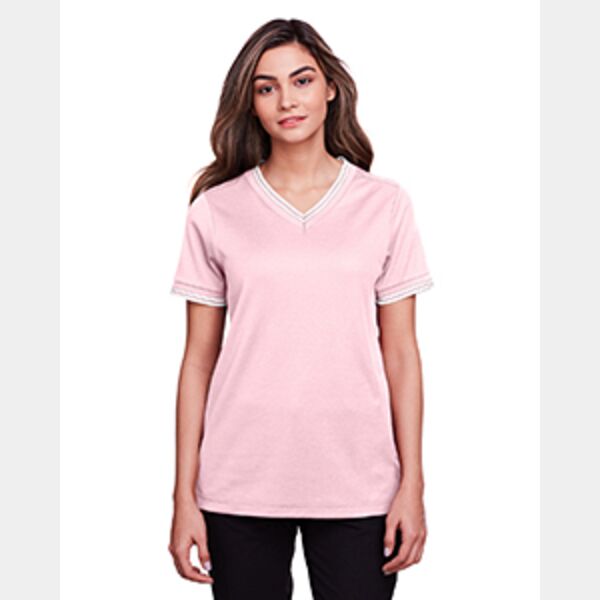 CrownLux Performance® Ladies' Plaited Tipped V-Neck Top Thumbnail